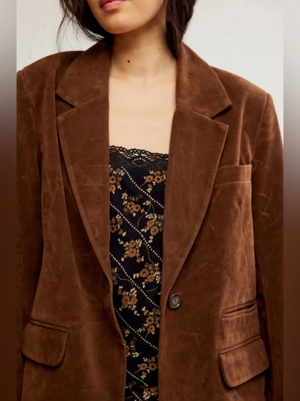 NWOT Free People Paper Cut Vegan Suede Blazer Brown Oversized Small - Picture 4 of 9